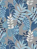 Tropicana Leaves Metallic Gray Sky Blue Champlain Wallpaper RY30912 by Seabrook Wallpaper for sale at Wallpapers To Go