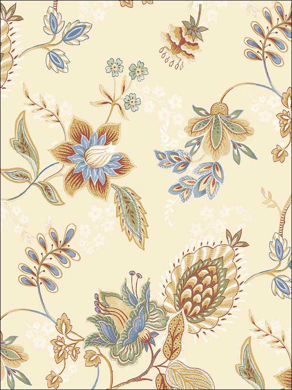 Jacobean Floral Blue Ochre Red Green Wallpaper GC29831 by Patton Norwall Wallpaper for sale at Wallpapers To Go