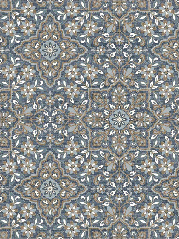 Floral Tile Blue Metallic Gold Navy Wallpaper FH37542 by Patton Norwall Wallpaper for sale at Wallpapers To Go
