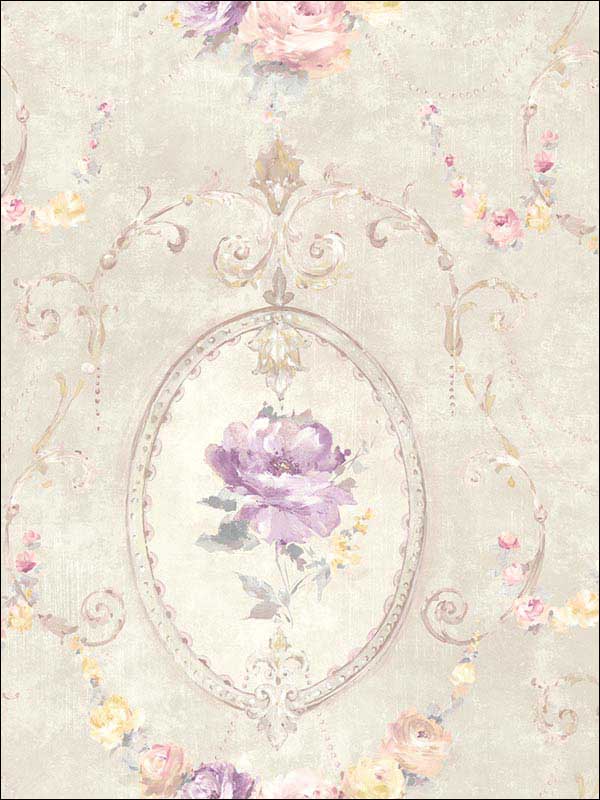 Flora Cameo Grey White Pink Wallpaper RM50809 by Casa Mia Wallpaper for sale at Wallpapers To Go