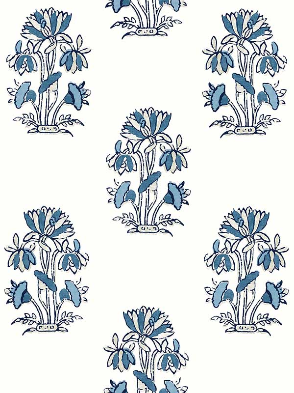 Lily Flower Blue and White Wallpaper T13204 by Thibaut Wallpaper for sale at Wallpapers To Go